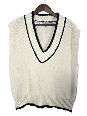 Elan Cream Knit V‑Neck Vest with Black Contrast Trim – Size M